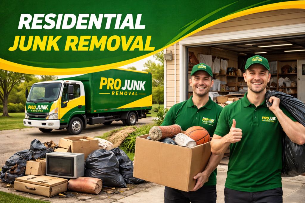 residential junk removal team loading boxes and waste into truck
